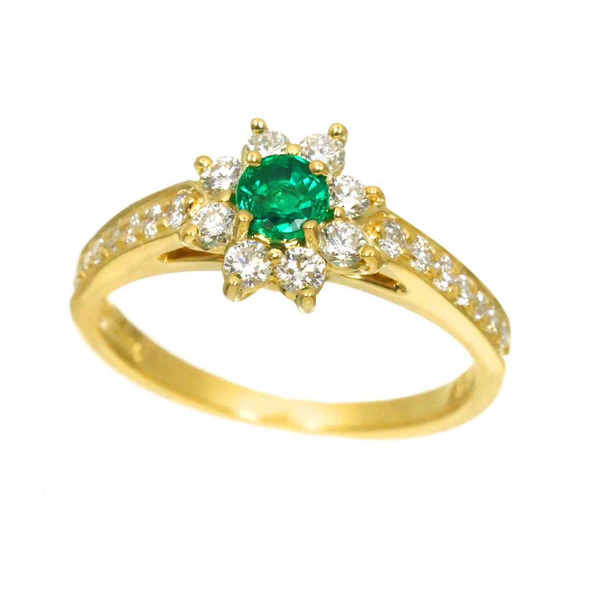 Emerald Diamond Ring 18K Yellow Gold 750 Size4.5(US)