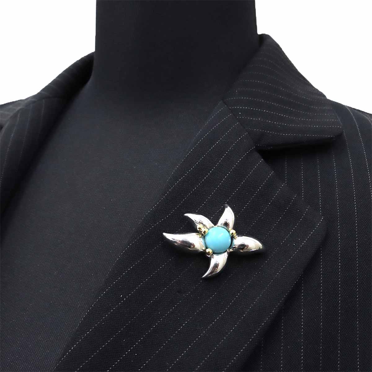 Turquoise Brooch Silver 18K Yellow Gold 750
