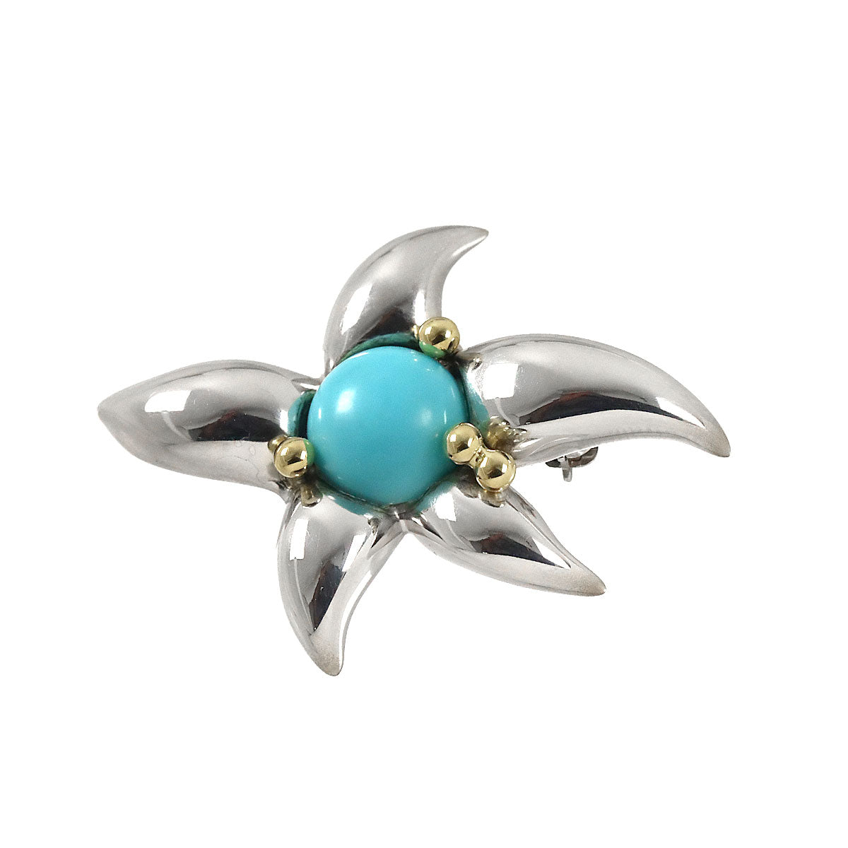 Turquoise Brooch Silver 18K Yellow Gold 750