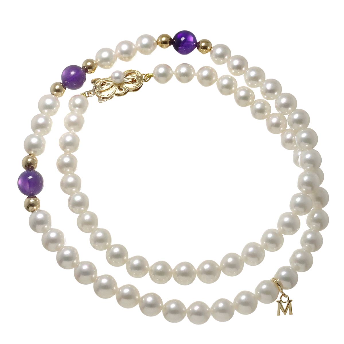 Akoya Pearl 7.0-6.5mm Amethyst Necklace 18K Yellow Gold 750