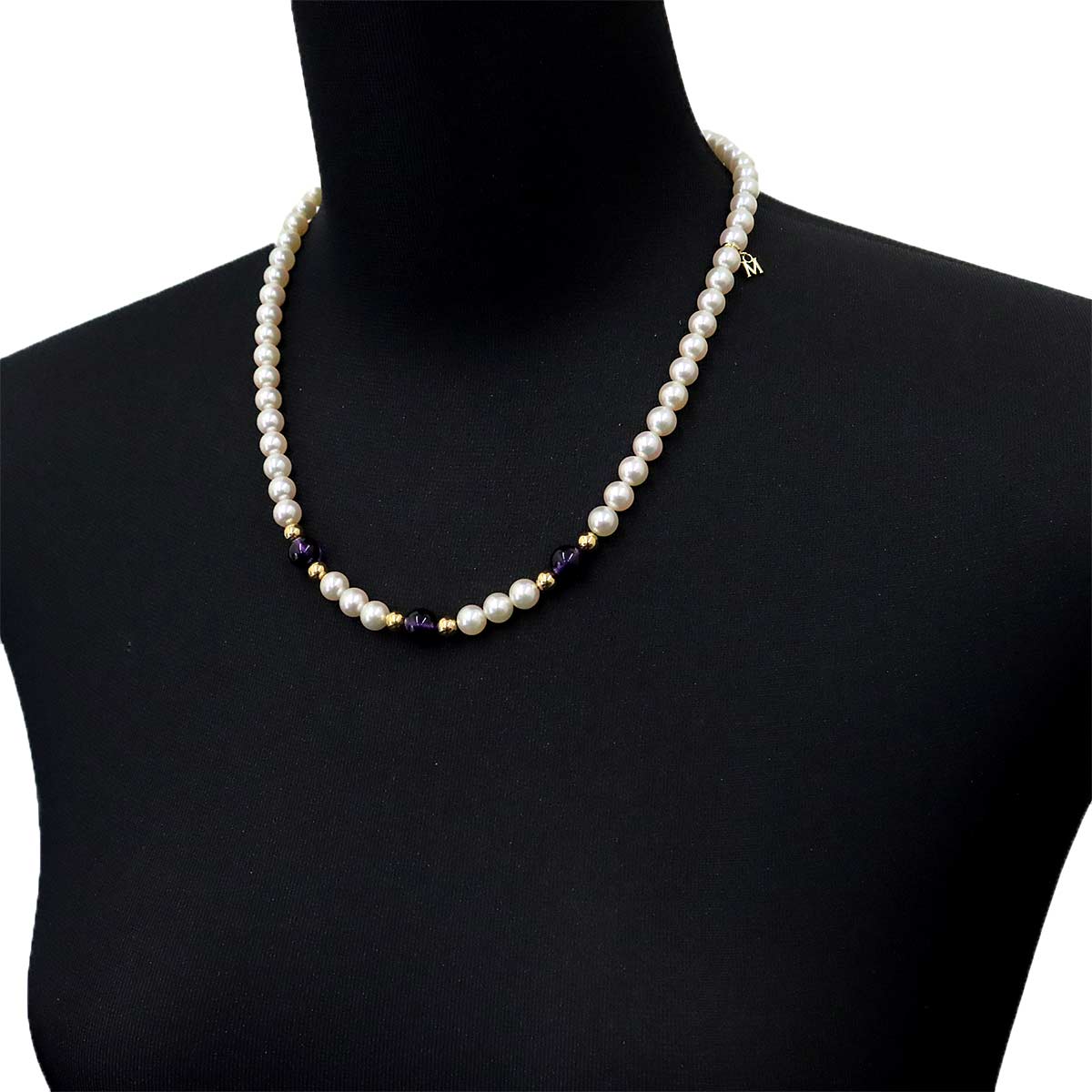 Akoya Pearl 7.0-6.5mm Amethyst Necklace 18K Yellow Gold 750
