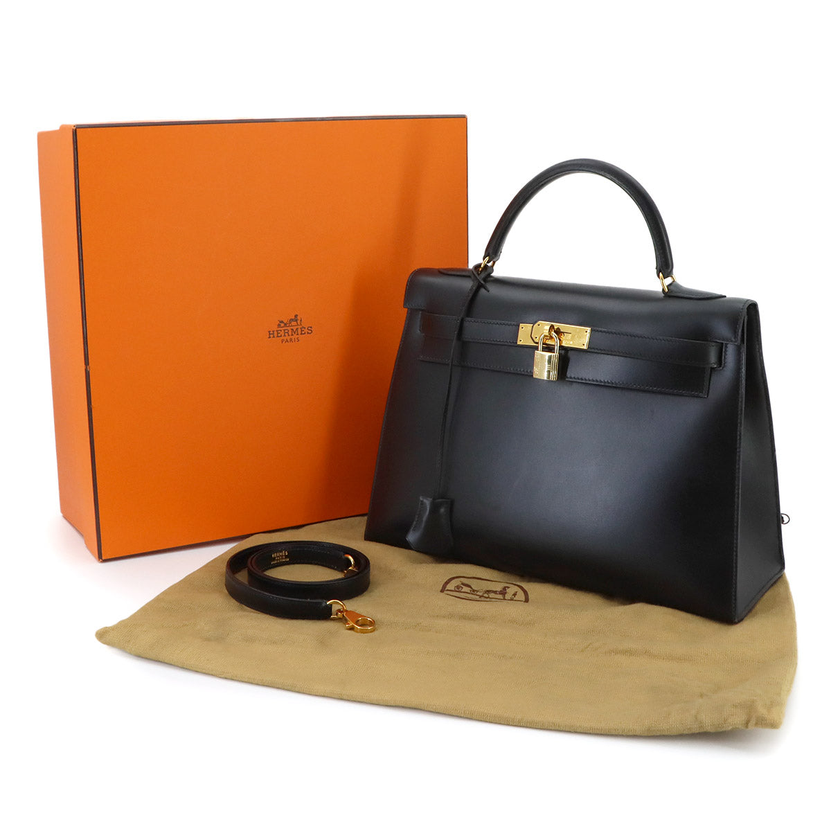 Kelly 32 Box calf Black Hand Bag Vintage Purse
