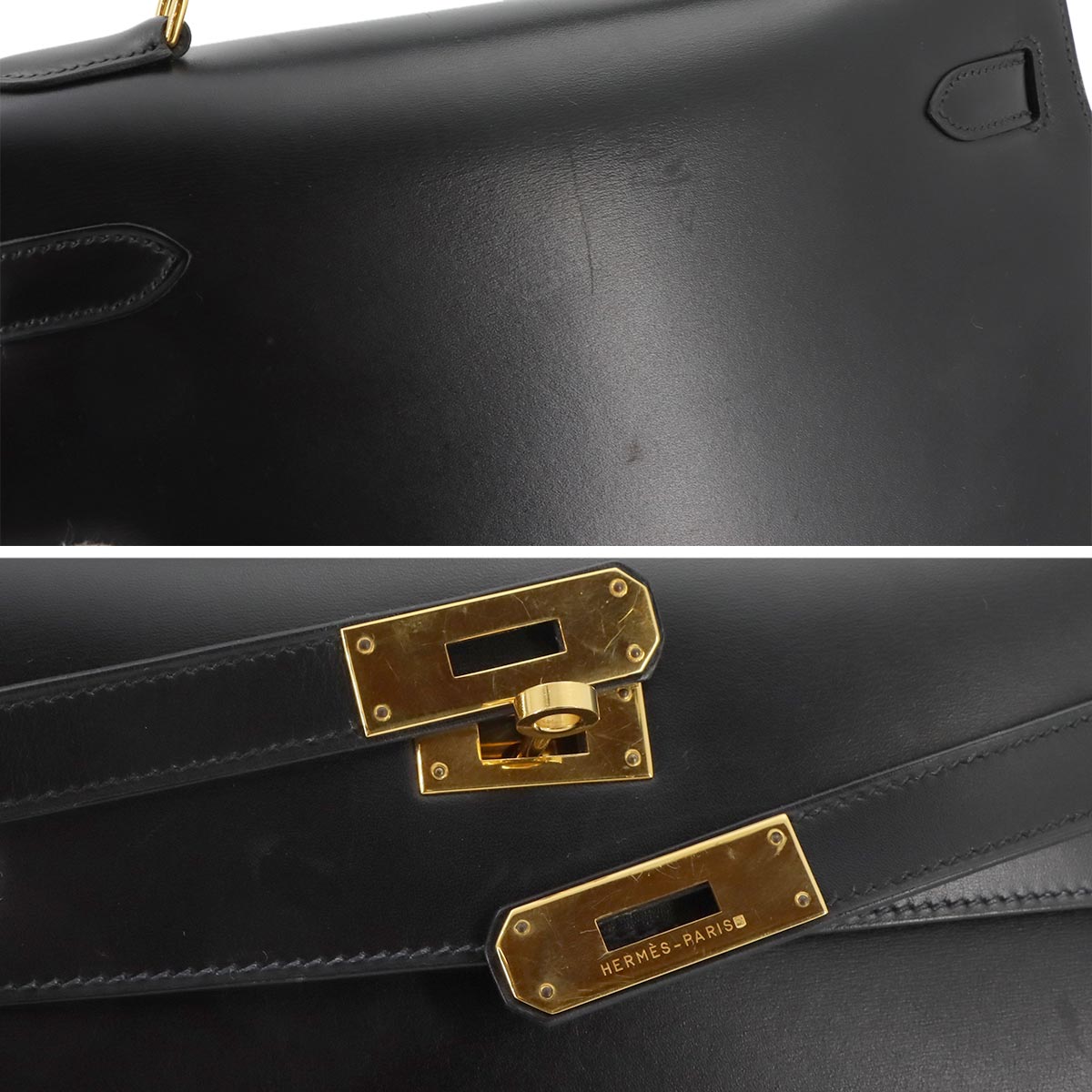 Kelly 32 Box calf Black Hand Bag Vintage Purse