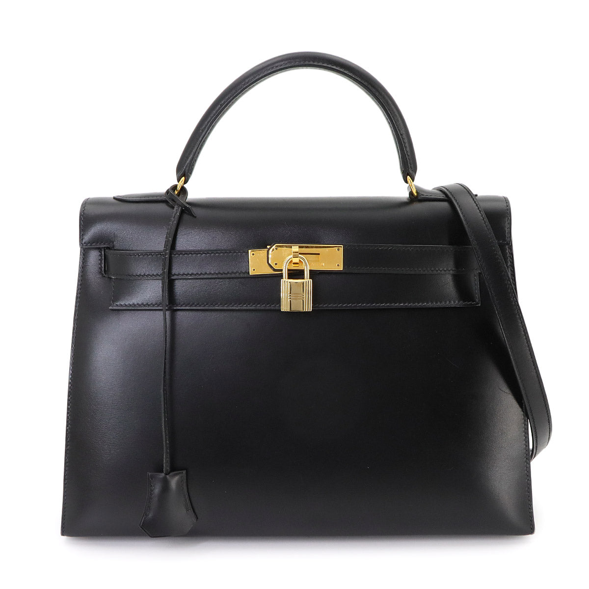 Kelly 32 Box calf Black Hand Bag Vintage Purse