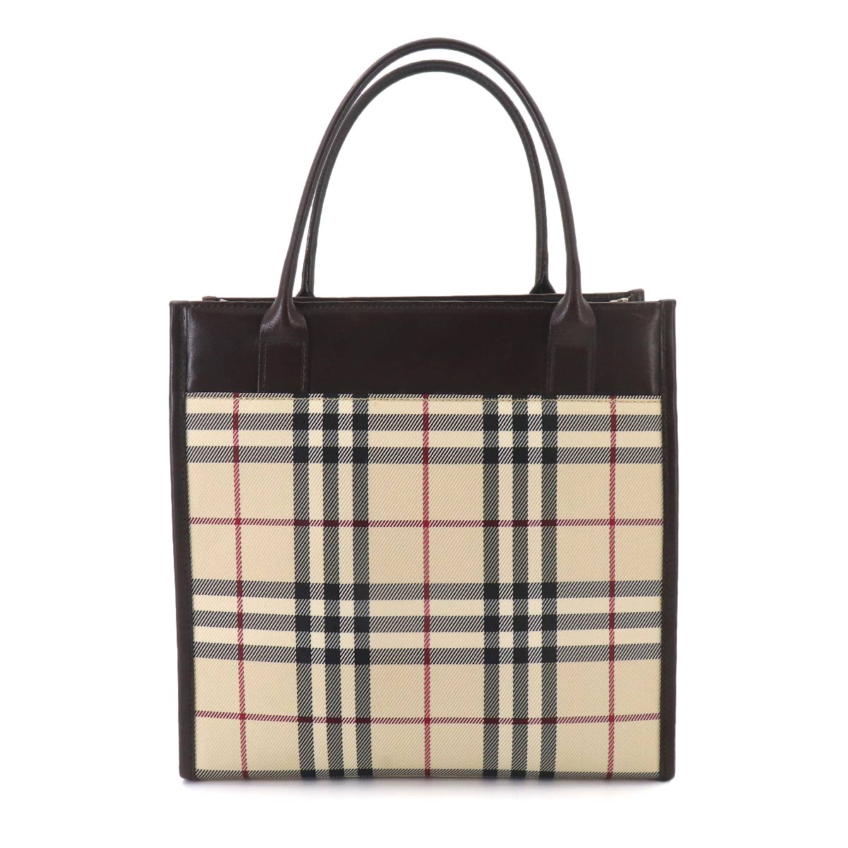 Plaid Hand Bag PVC Leather Beige Dark Brown Purse