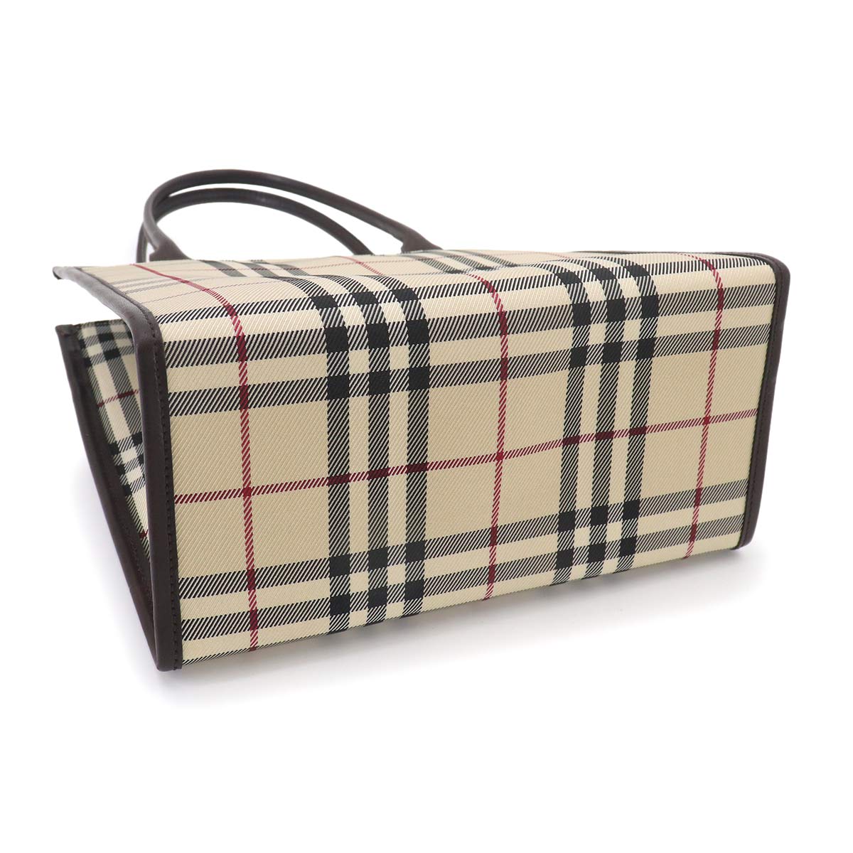 Plaid Hand Bag PVC Leather Beige Dark Brown Purse