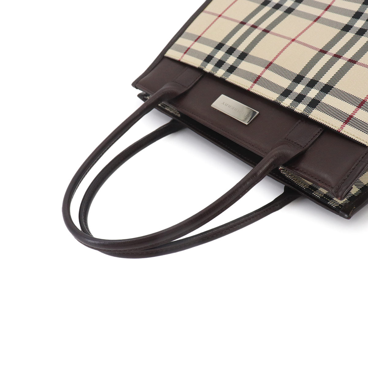 Plaid Hand Bag PVC Leather Beige Dark Brown Purse