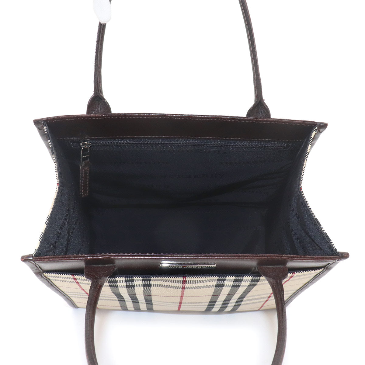 Plaid Hand Bag PVC Leather Beige Dark Brown Purse