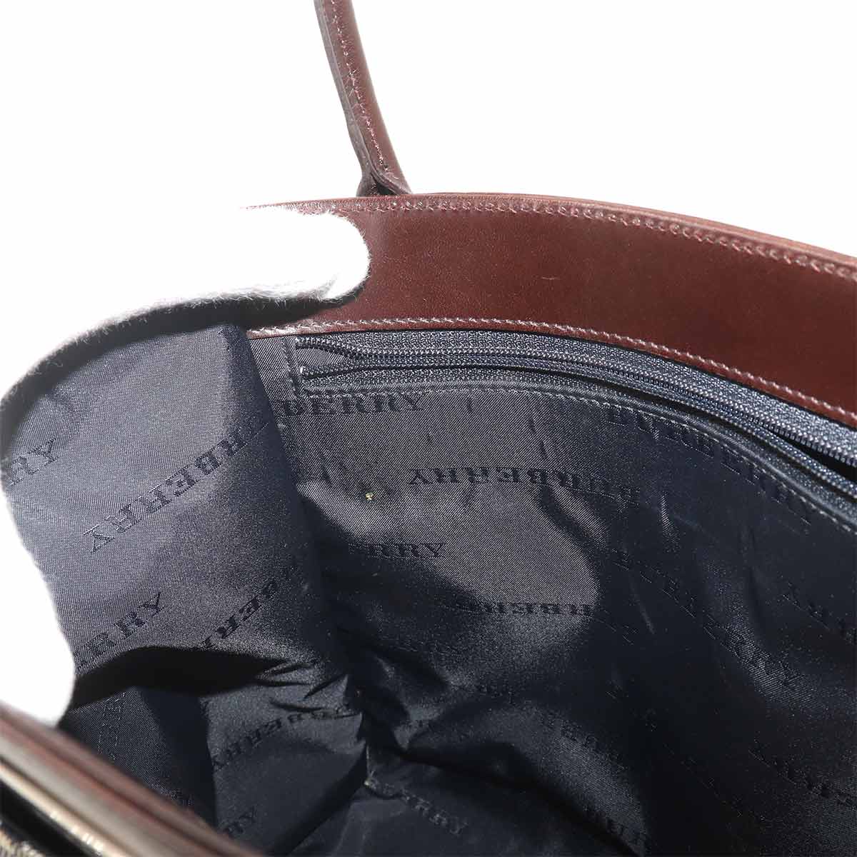 Plaid Hand Bag PVC Leather Beige Dark Brown Purse