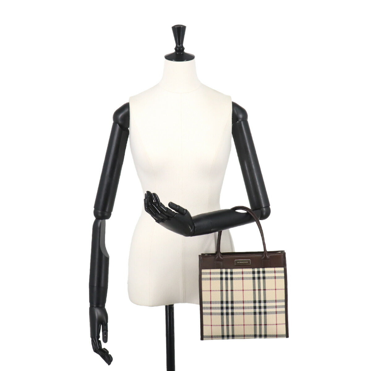 Plaid Hand Bag PVC Leather Beige Dark Brown Purse