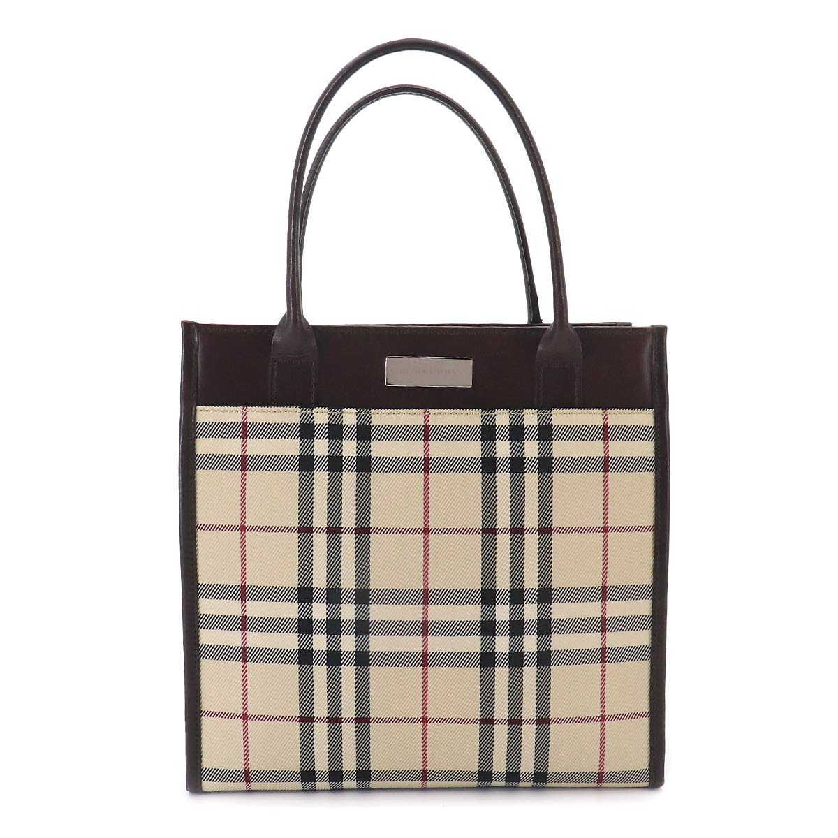 Plaid Hand Bag PVC Leather Beige Dark Brown Purse