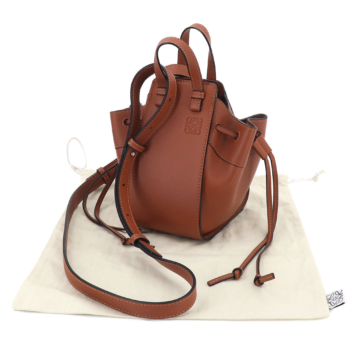 Drawstring Mini Hand Shoulder Bag Leather Brown