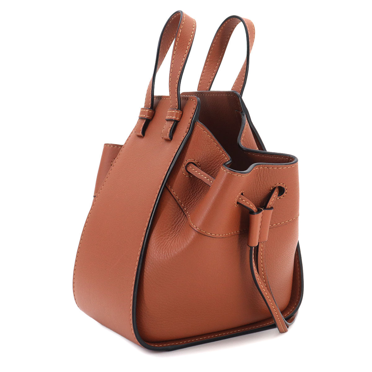 Drawstring Mini Hand Shoulder Bag Leather Brown