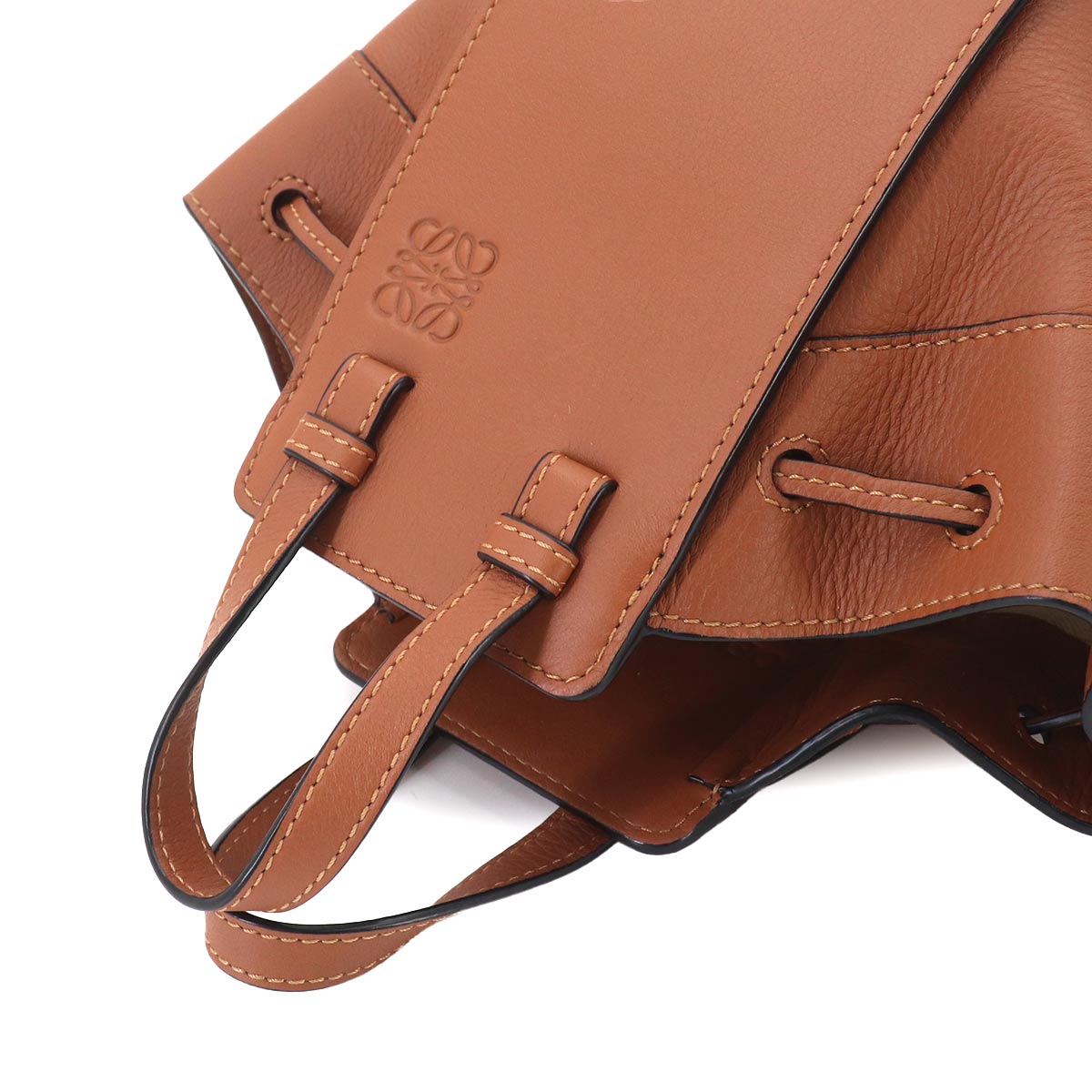 Drawstring Mini Hand Shoulder Bag Leather Brown