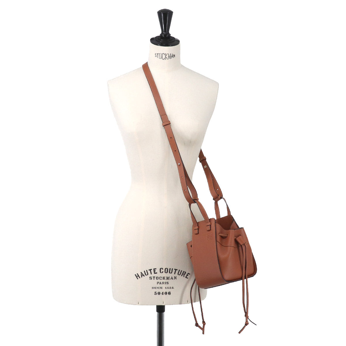 Drawstring Mini Hand Shoulder Bag Leather Brown