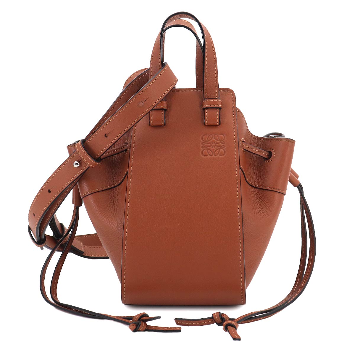 Drawstring Mini Hand Shoulder Bag Leather Brown