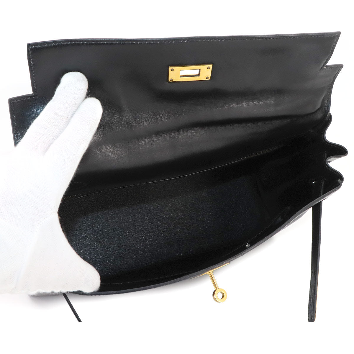 Kelly 32 Box calf Black Hand Shoulder Bag Vintage Purse