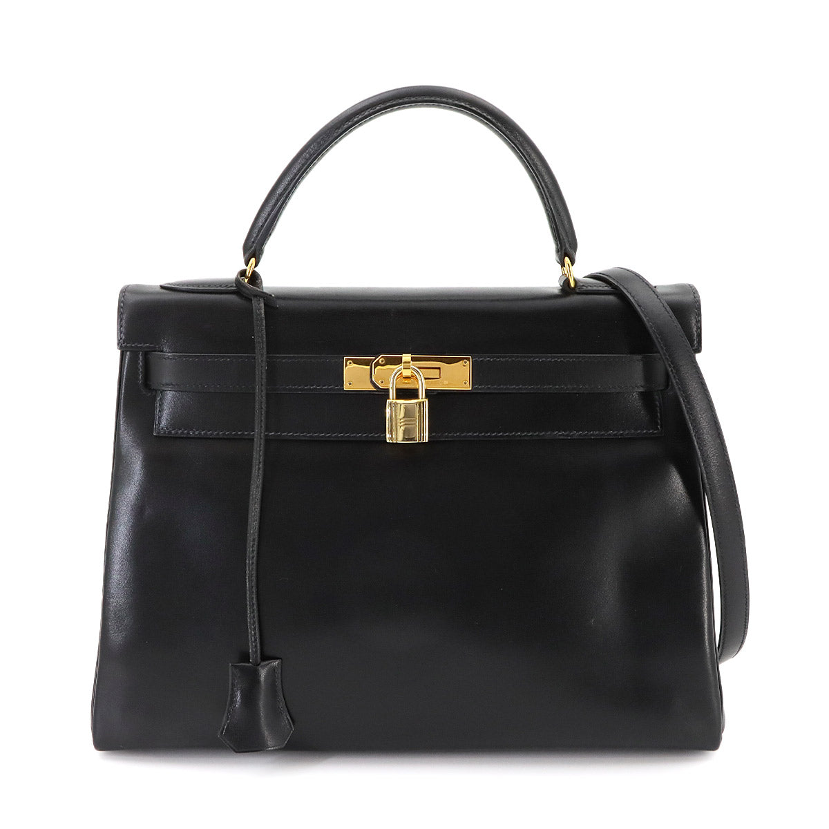 Kelly 32 Box calf Black Hand Shoulder Bag Vintage Purse