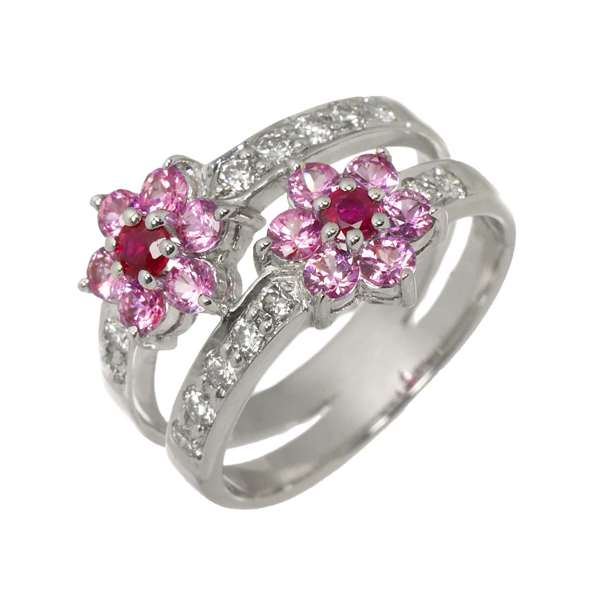 Sapphire 0.78ct Diamond 0.34ct Ruby Ring 18K WG 5.25(US)