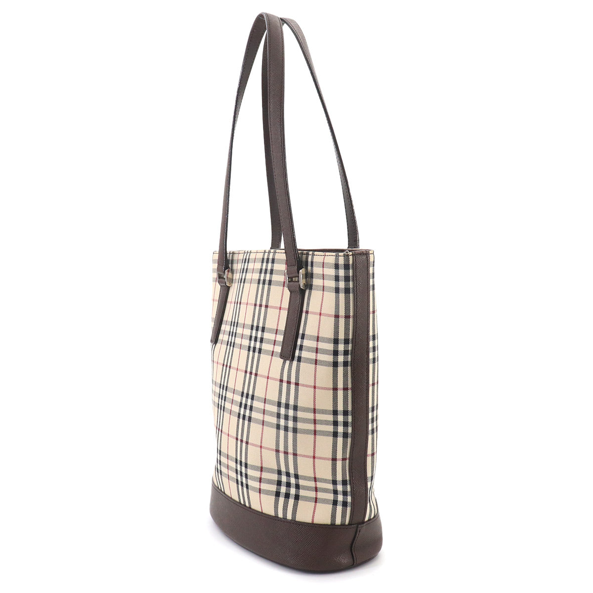 Plaid Tote Bag Canvas Leather Beige Brown Purse
