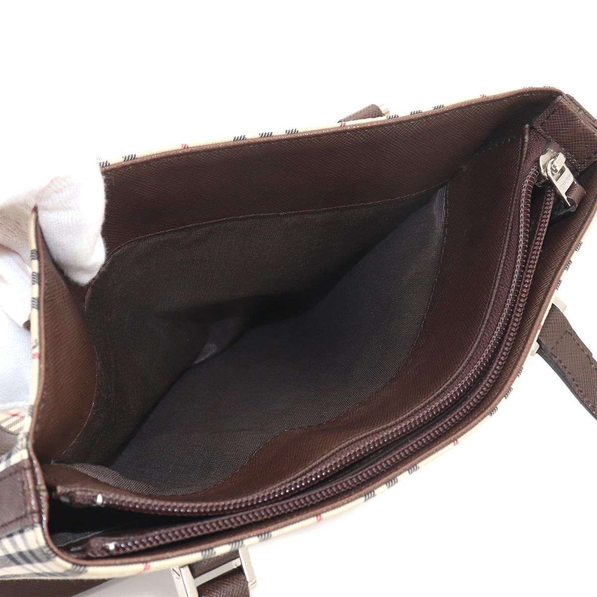 Plaid Tote Bag Canvas Leather Beige Brown Purse