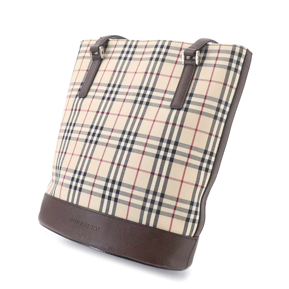 Plaid Tote Bag Canvas Leather Beige Brown Purse