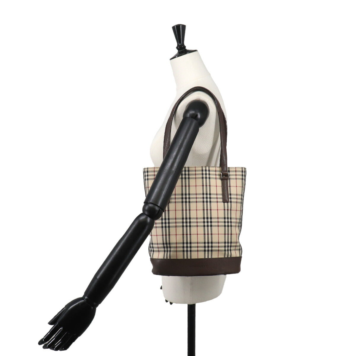 Plaid Tote Bag Canvas Leather Beige Brown Purse