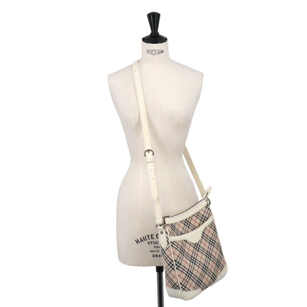 BURBERRY Plaid Shoulder Bag Canvas Leather Beige White Purse