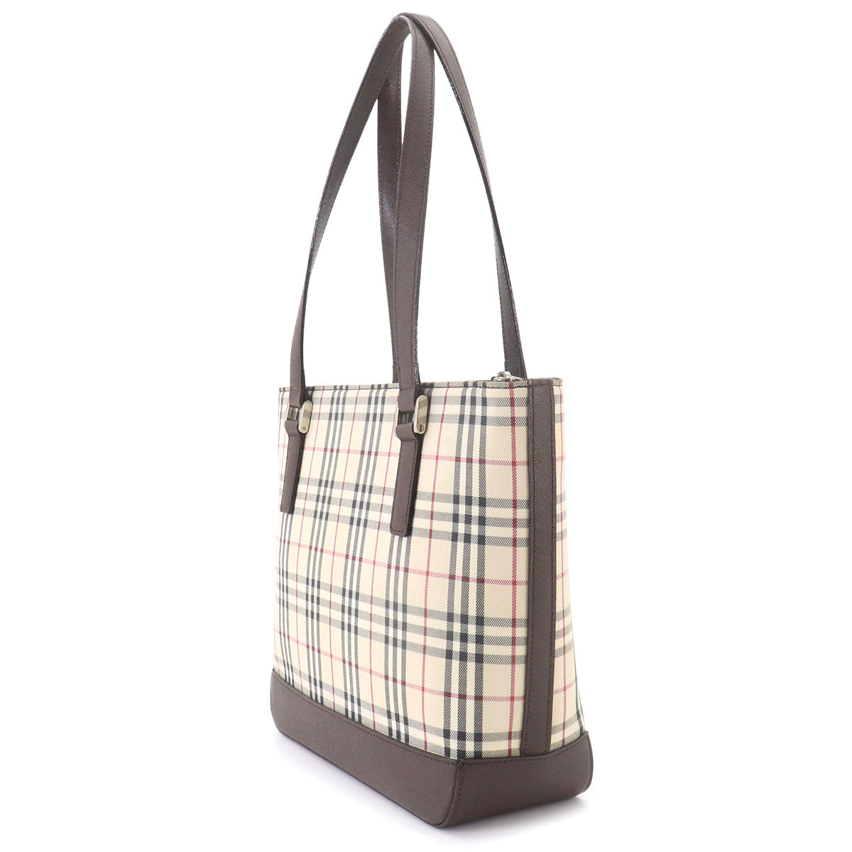 Plaid Hand Bag Canvas Leather Beige Brown Purse