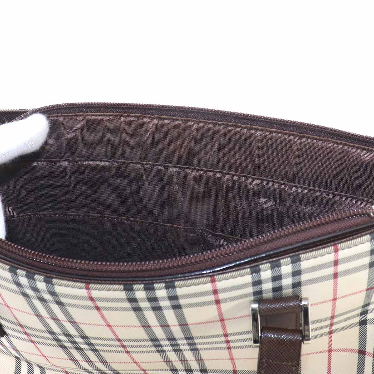 Plaid Hand Bag Canvas Leather Beige Brown Purse