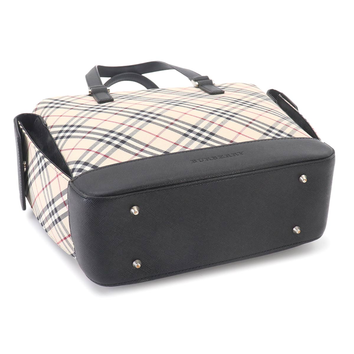 Plaid Hand Bag Canvas Leather Beige Black Purse