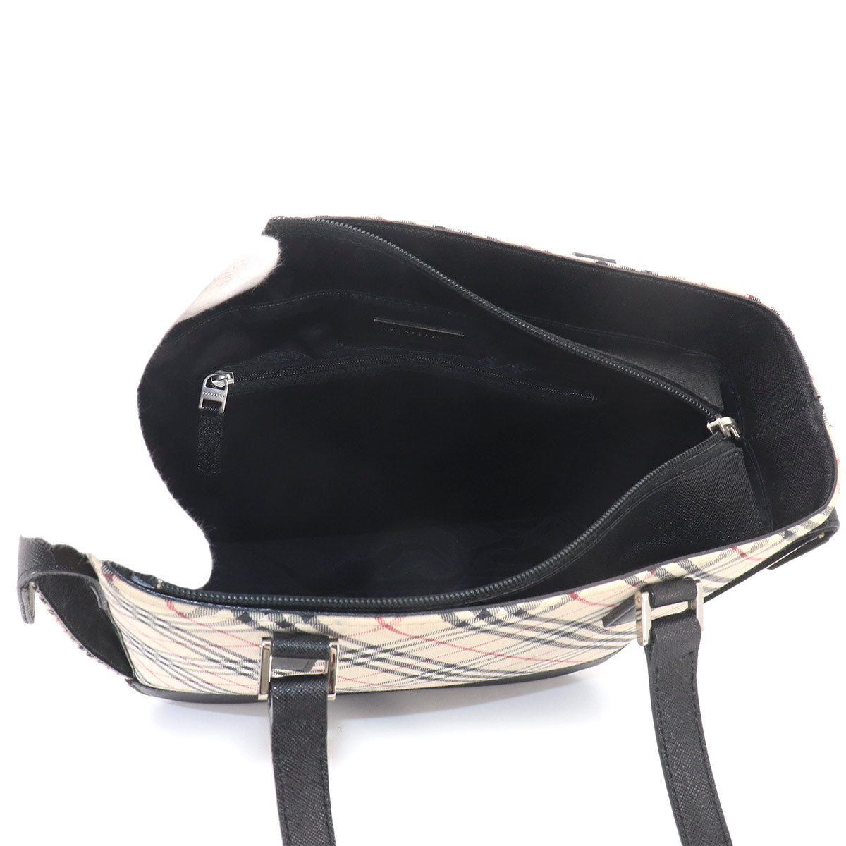 Plaid Hand Bag Canvas Leather Beige Black Purse