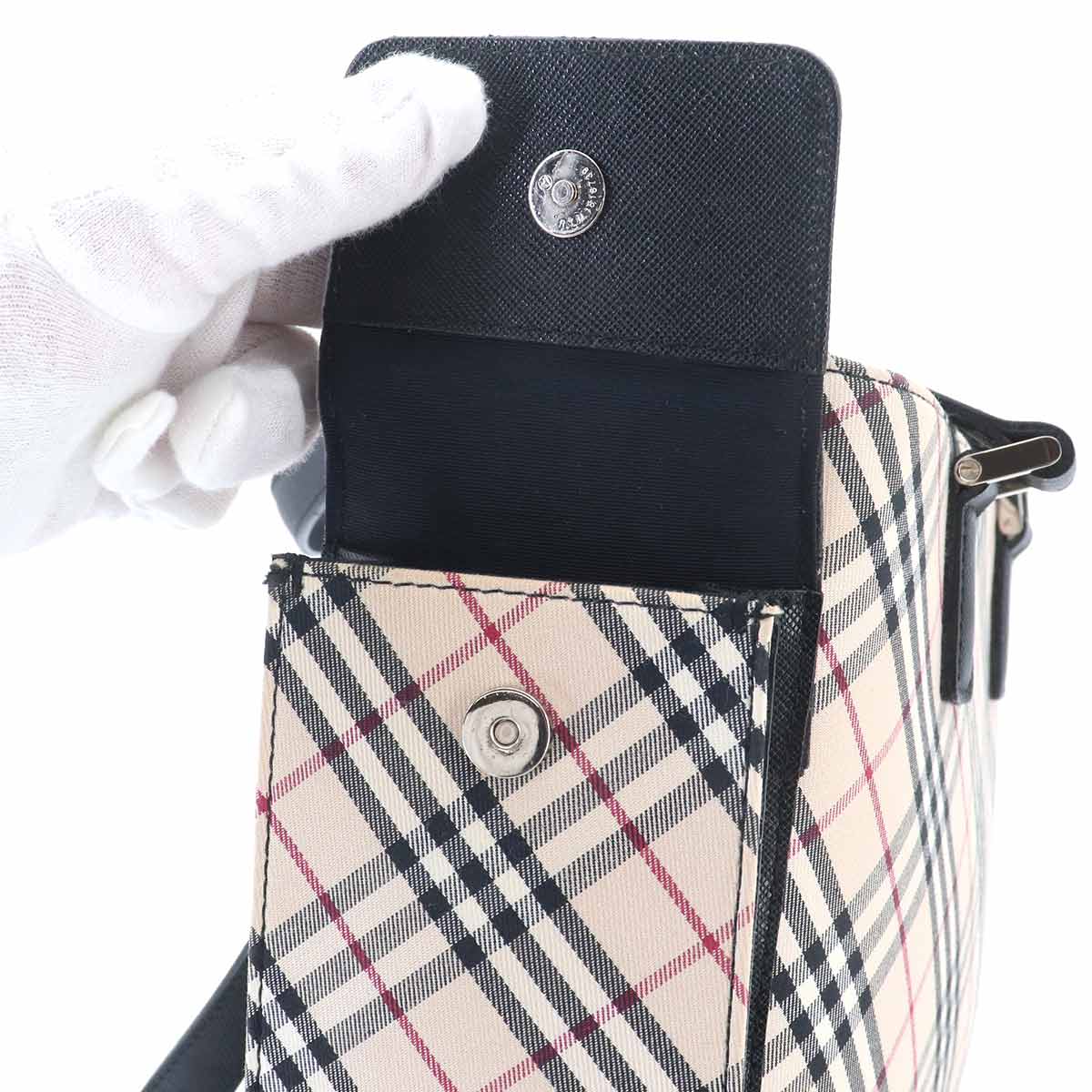 Plaid Hand Bag Canvas Leather Beige Black Purse
