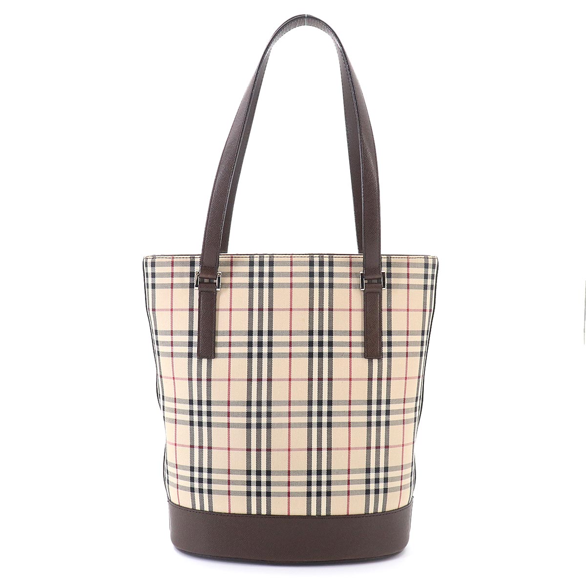 Plaid Tote Bag Canvas Leather Beige Brown Purse
