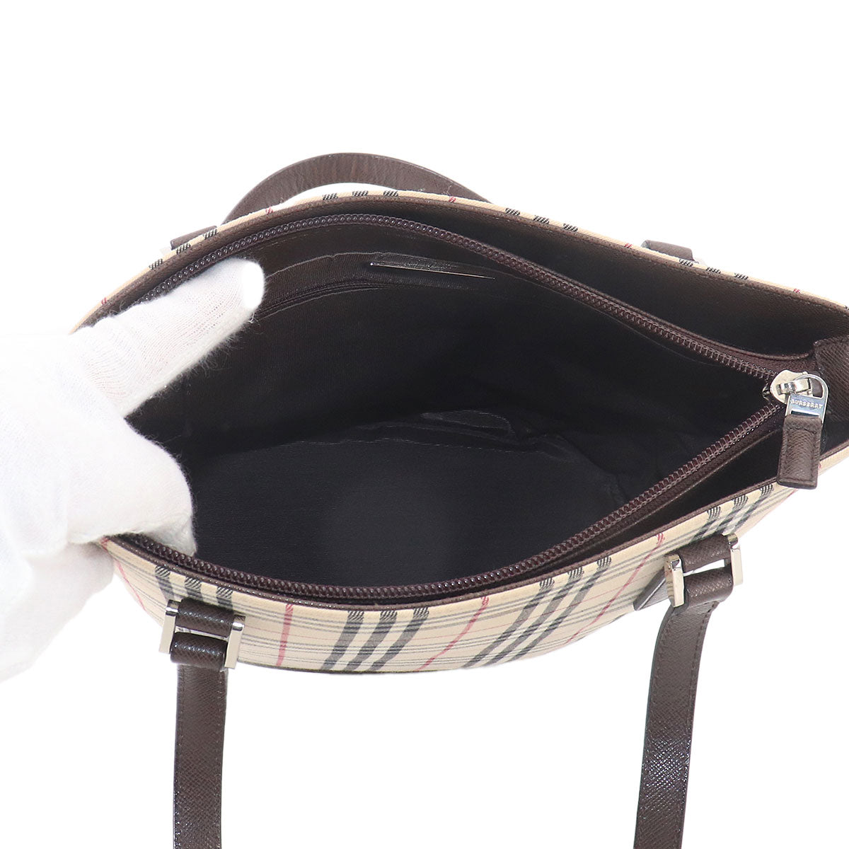 Plaid Tote Bag Canvas Leather Beige Brown Purse