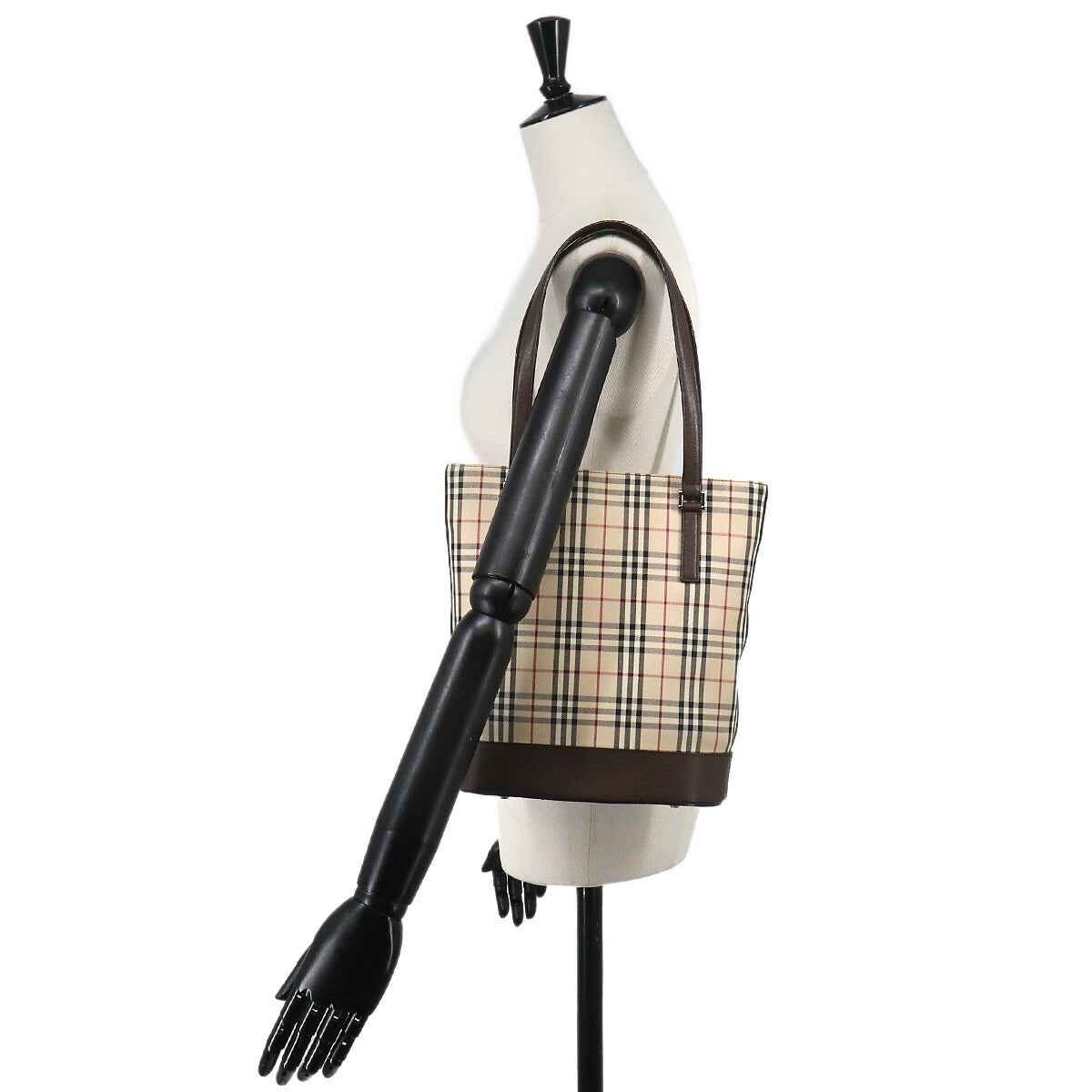 Plaid Tote Bag Canvas Leather Beige Brown Purse