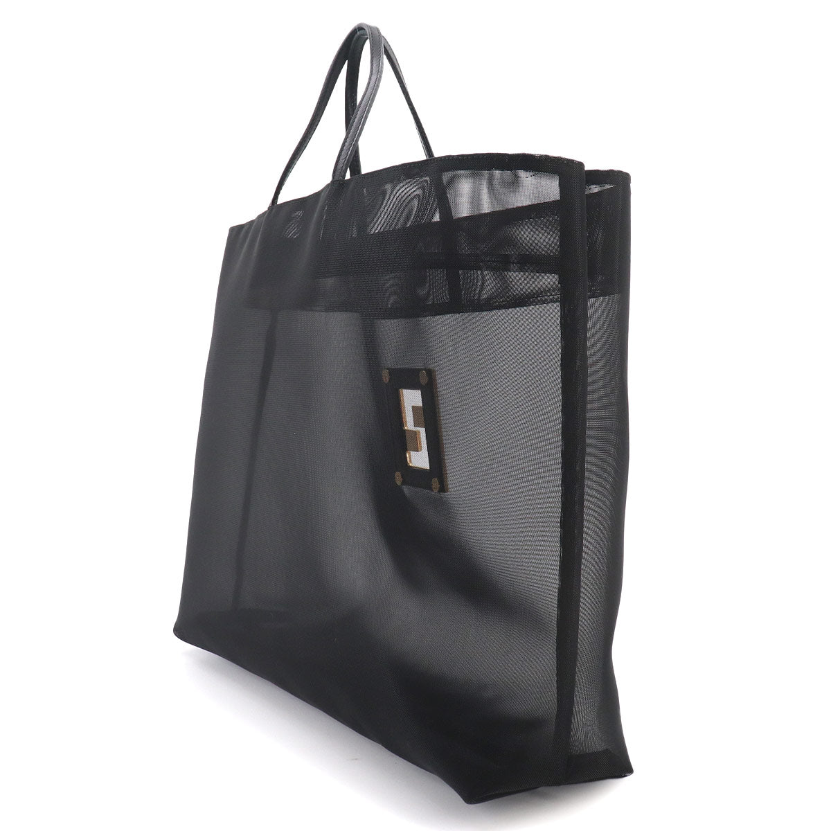 FF Tote Bag Nylon Mesh Leather Black Logos Purse