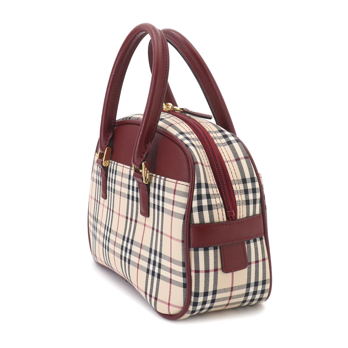 Plaid Mini Boston Hand Bag Canvas Leather Beige Bordeaux