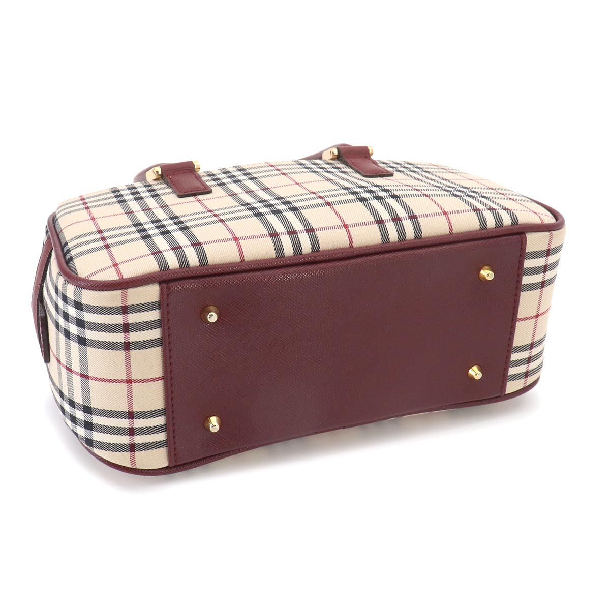 Plaid Mini Boston Hand Bag Canvas Leather Beige Bordeaux