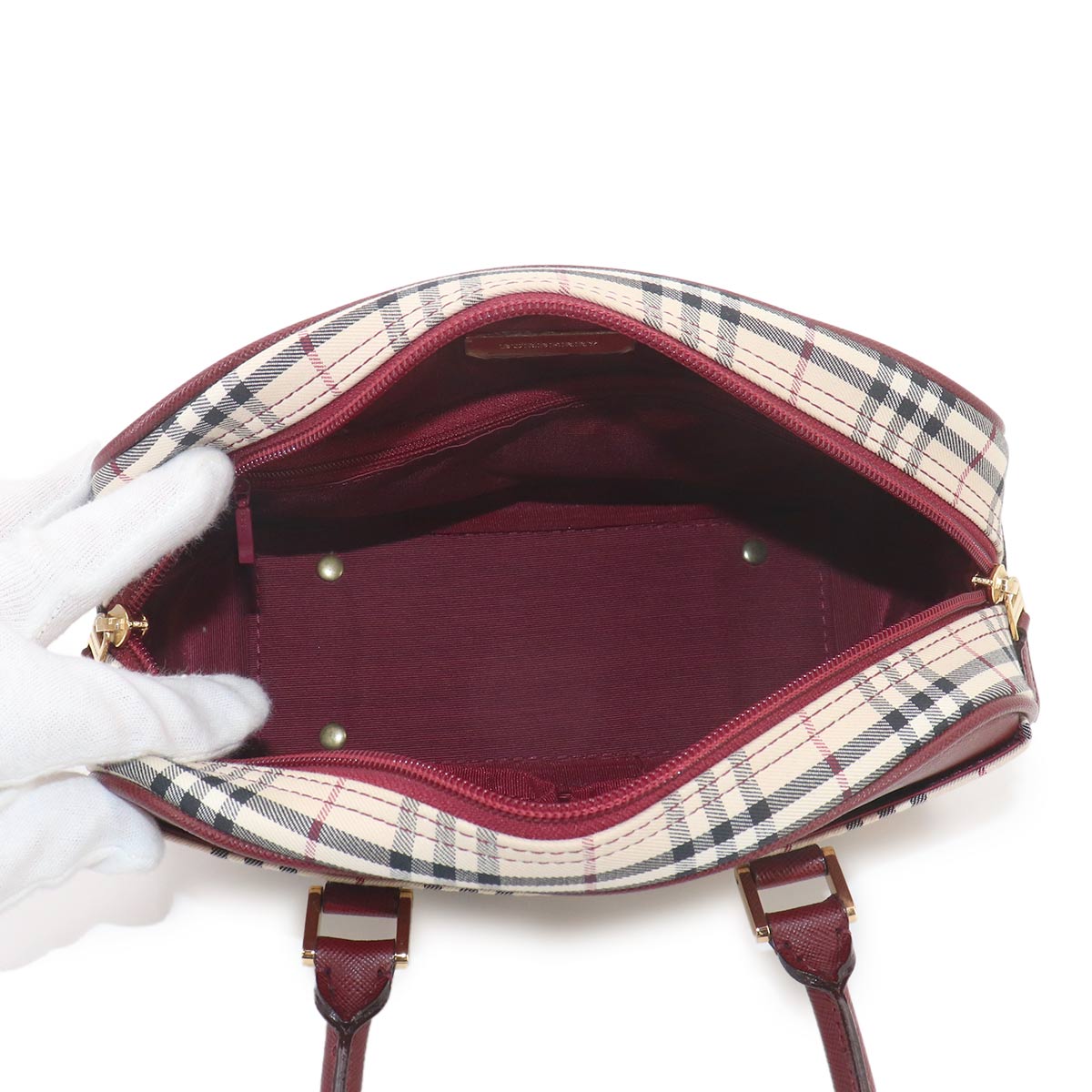 Plaid Mini Boston Hand Bag Canvas Leather Beige Bordeaux