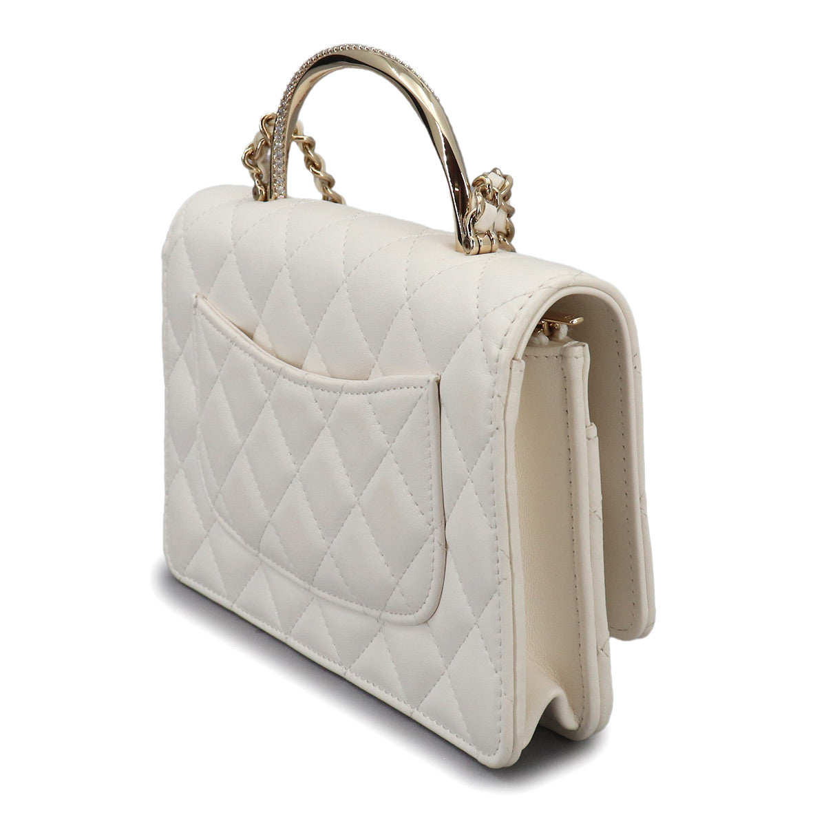 Matelasse 2way Hand Chain Wallet Leather White Rhinestone