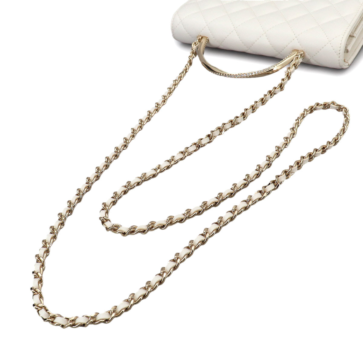 Matelasse 2way Hand Chain Wallet Leather White Rhinestone