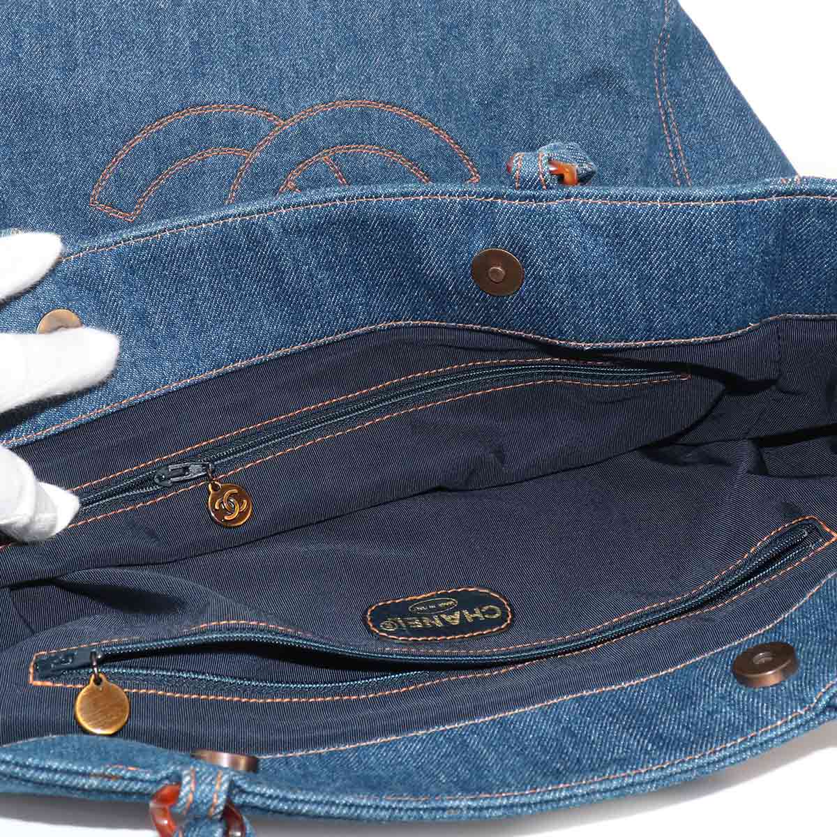 Plastic Chain Tote Bag Denim Blue Coco Logos Vintage Purse
