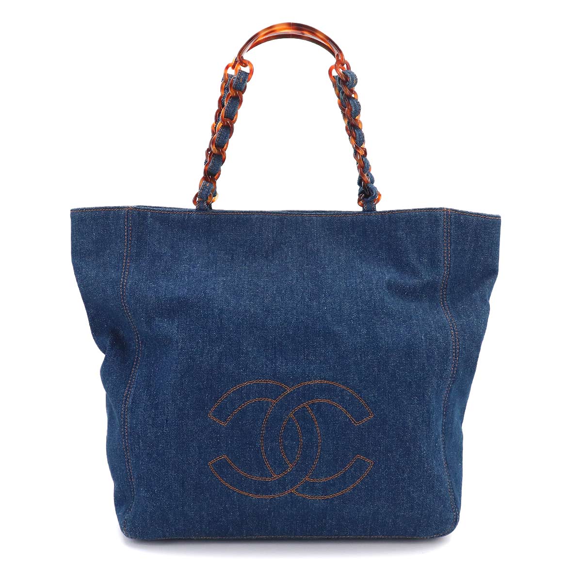 Plastic Chain Tote Bag Denim Blue Coco Logos Vintage Purse