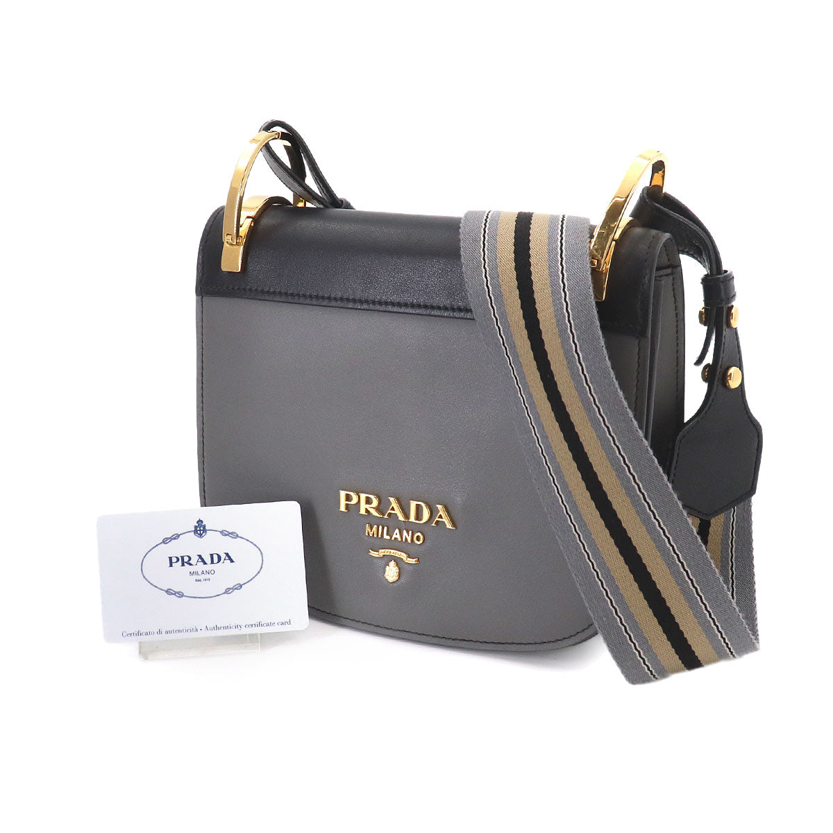 Prada Pionniere Shoulder Bag Leather Gray Black 1BD039