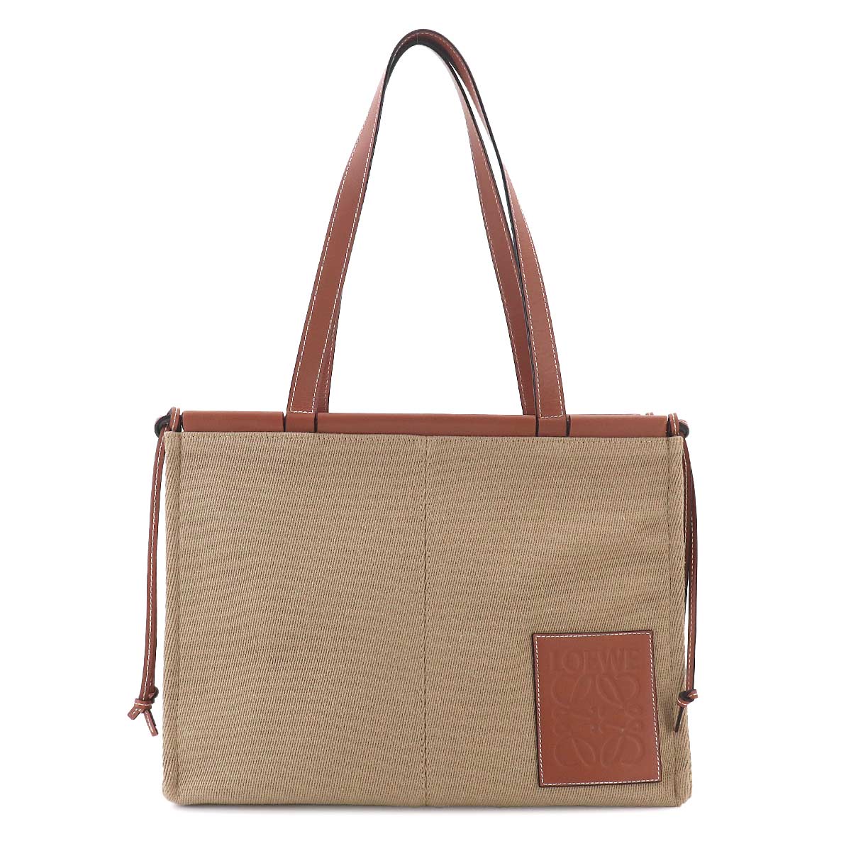 Cushion Tote Large Bag Canvas Leather Beige Brown
