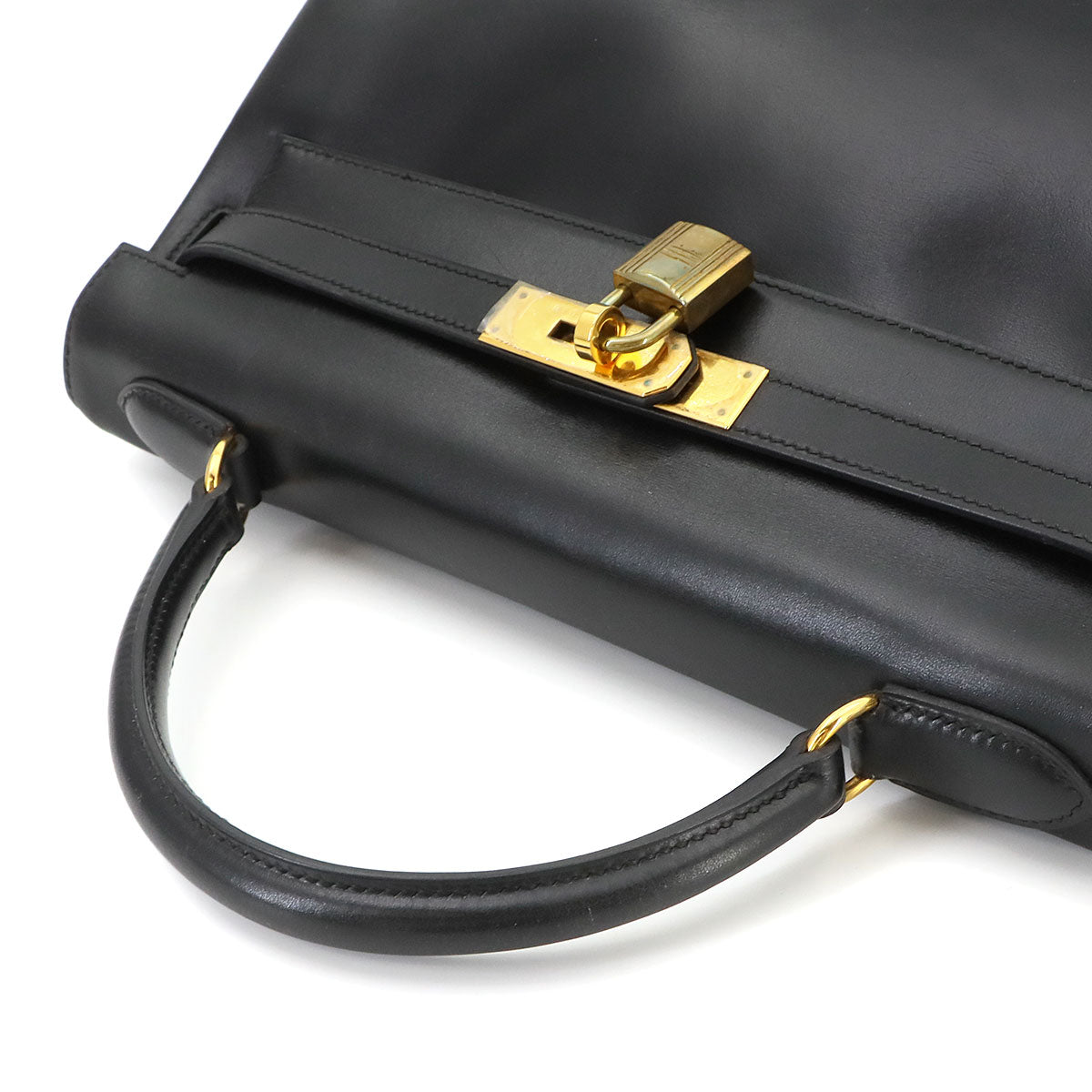 Kelly 32 Box calf Black Hand Shoulder Bag Vintage Purse