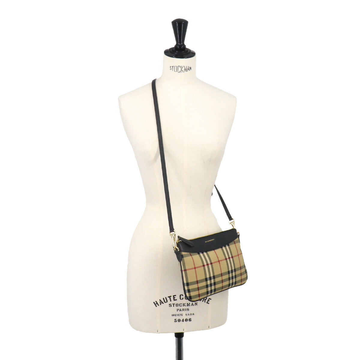 Plaid Shoulder Bag Canvas Leather Beige Black Haymarket