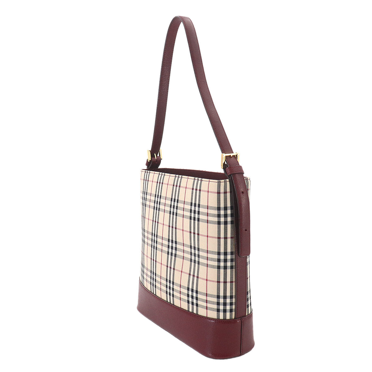 Plaid Shoulder Bag Canvas Leather Beige Bordeaux Purse