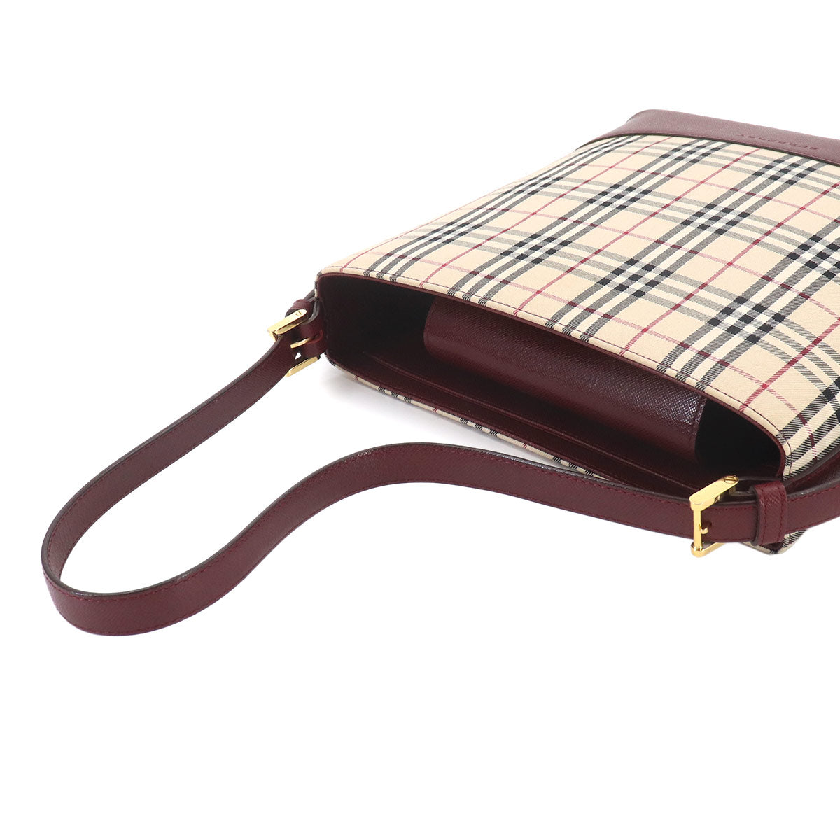 Plaid Shoulder Bag Canvas Leather Beige Bordeaux Purse